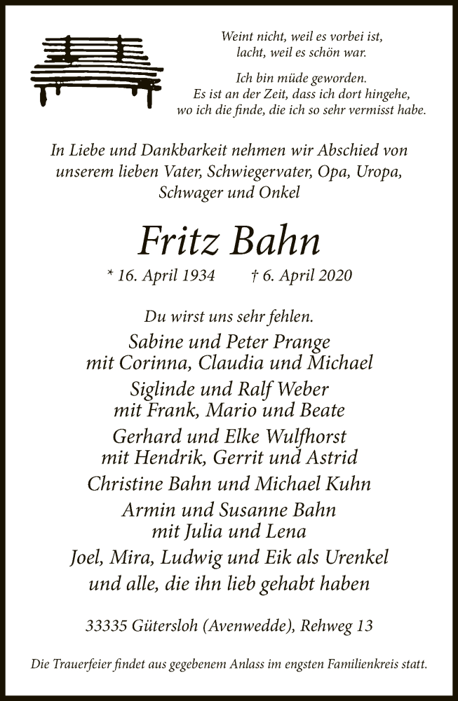  Traueranzeige für Fritz Bahn vom 18.04.2020 aus Neue Westfälische
