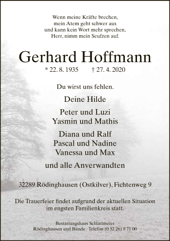 Traueranzeige von Gerhard Hoffmann von Neue Westfälische