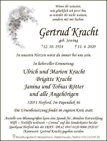 Traueranzeige von Gertrud Kracht von Neue Westfälische