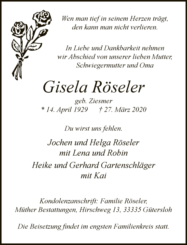  Traueranzeige für Gisela Röseler vom 04.04.2020 aus Neue Westfälische