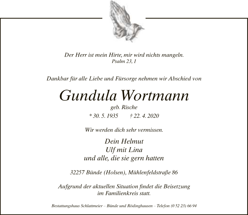  Traueranzeige für Gundula Wortmann vom 25.04.2020 aus Neue Westfälische