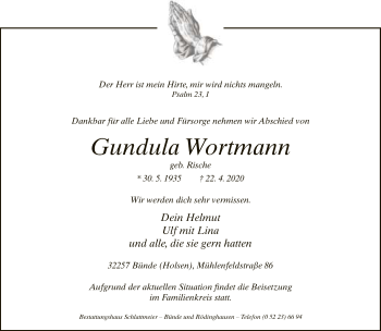 Traueranzeige von Gundula Wortmann von Neue Westfälische