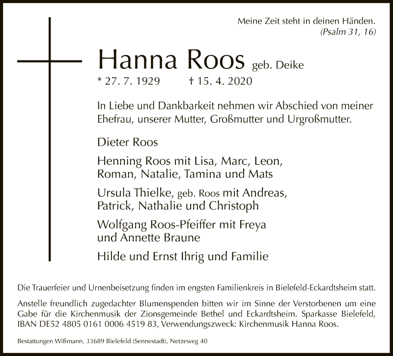  Traueranzeige für Hanna Roos vom 18.04.2020 aus Neue Westfälische