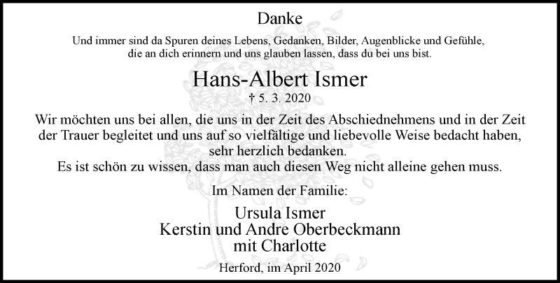 Traueranzeige für Hans-Albert Ismer vom 18.04.2020 aus Neue Westfälische