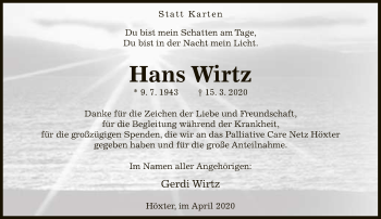Traueranzeige von Hans Wirtz von Neue Westfälische