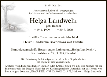 Traueranzeige von Helga Landwehr von Neue Westfälische