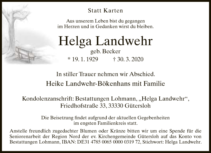  Traueranzeige für Helga Landwehr vom 02.04.2020 aus Neue Westfälische