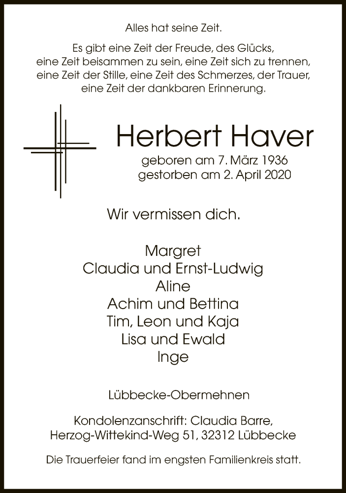  Traueranzeige für Herbert Haver vom 10.04.2020 aus Neue Westfälische