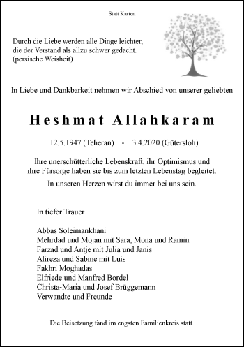 Traueranzeige von Heshmat Allahkaram von Neue Westfälische