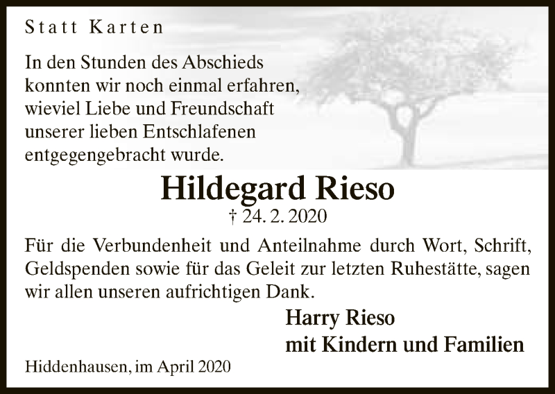  Traueranzeige für Hildegard Rieso vom 04.04.2020 aus Neue Westfälische