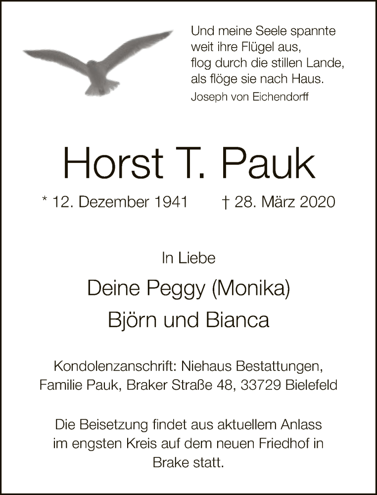  Traueranzeige für Horst T. Pauk vom 01.04.2020 aus Neue Westfälische