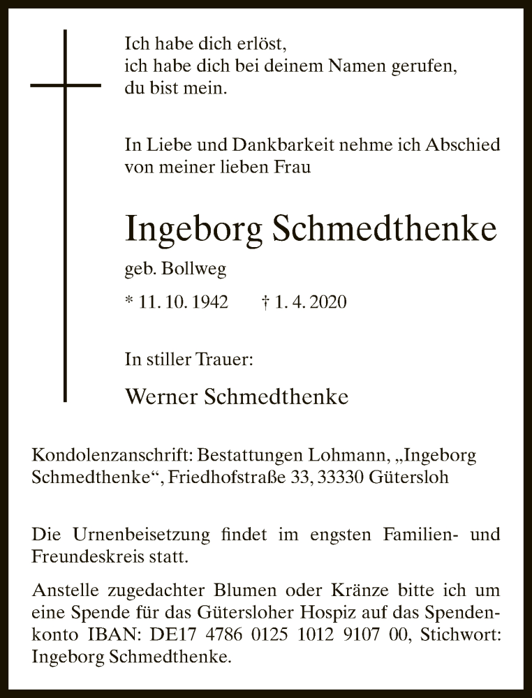  Traueranzeige für Ingeborg Schmedthenke vom 04.04.2020 aus Neue Westfälische