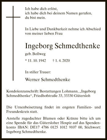 Traueranzeige von Ingeborg Schmedthenke von Neue Westfälische