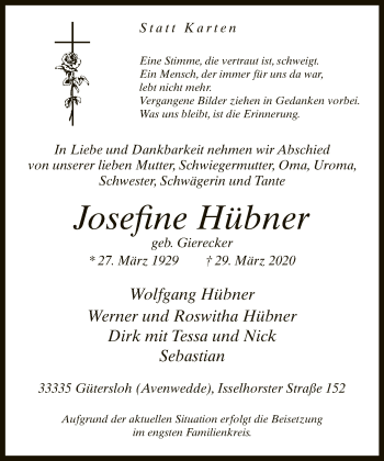 Traueranzeige von Josefine Hübner von Neue Westfälische