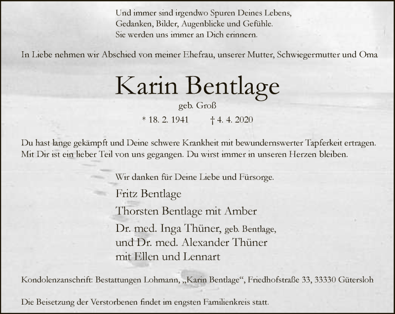  Traueranzeige für Karin Bentlage vom 09.04.2020 aus Neue Westfälische