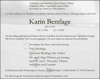 Traueranzeige von Karin Bentlage von Neue Westfälische