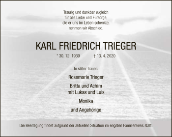 Traueranzeige von Karl Friedrich Trieger von Neue Westfälische