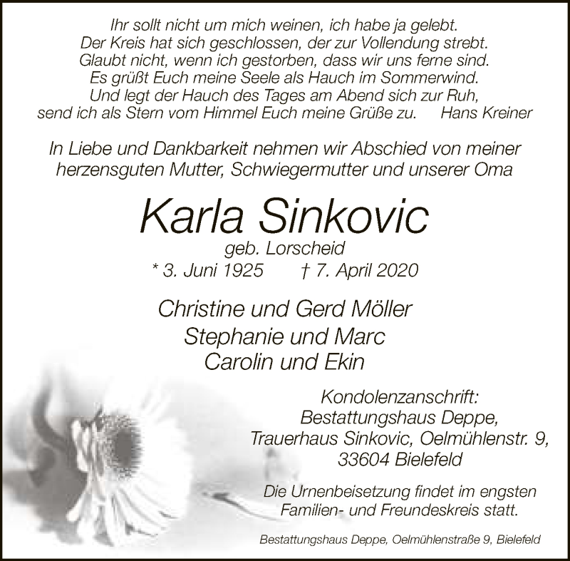  Traueranzeige für Karla Sinkovic vom 10.04.2020 aus Neue Westfälische