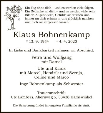 Traueranzeige von Klaus Bohnenkamp von Neue Westfälische