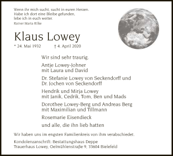Traueranzeige von Klaus Lowey von Neue Westfälische