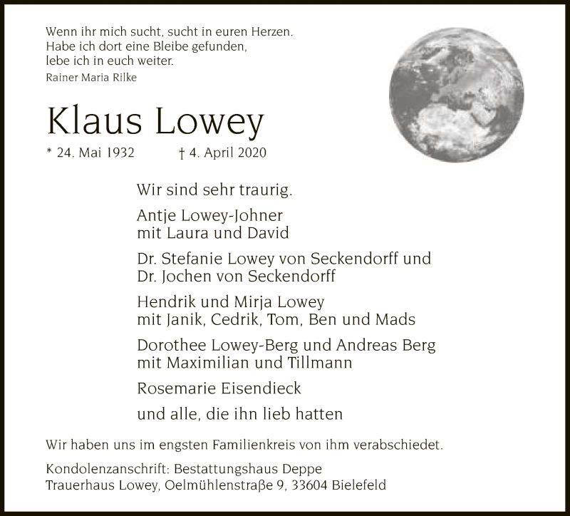  Traueranzeige für Klaus Lowey vom 10.04.2020 aus Neue Westfälische