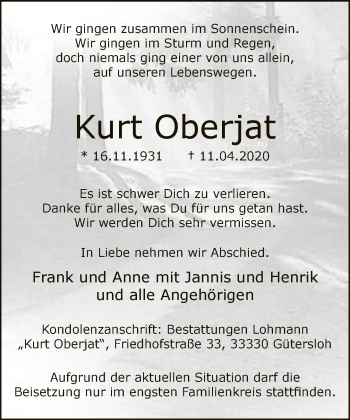 Traueranzeige von Kurt Oberjat von Neue Westfälische