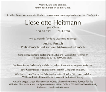 Traueranzeige von Lieselotte Heitmann von Neue Westfälische