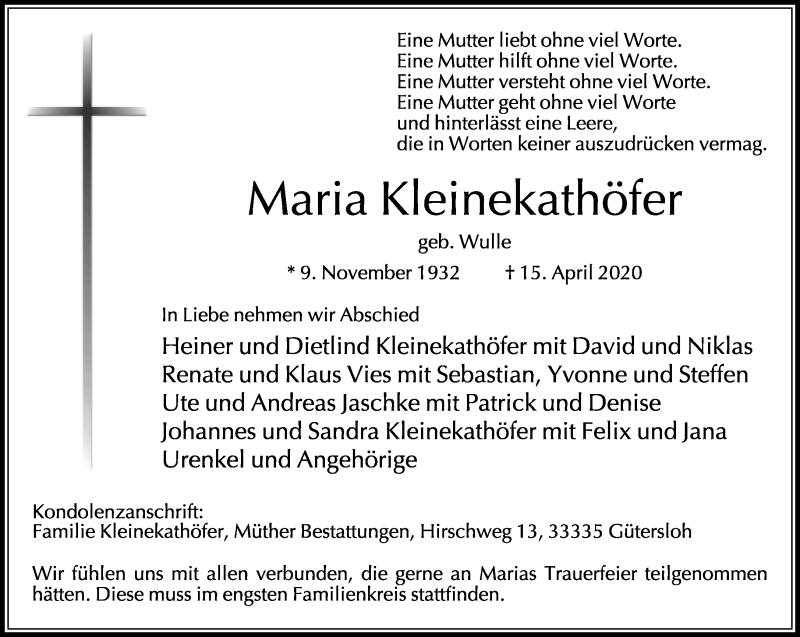  Traueranzeige für Maria Kleinekathöfer vom 18.04.2020 aus Neue Westfälische