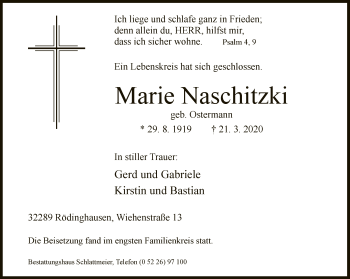 Traueranzeige von Marie Naschitzki von Neue Westfälische