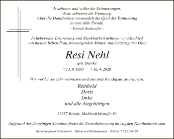 Traueranzeige von Resi Nehl von Neue Westfälische