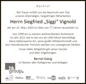 Traueranzeige von Siegfried Vignold von Neue Westfälische