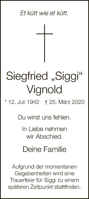 Traueranzeige von Siegfried Vignold von Neue Westfälische