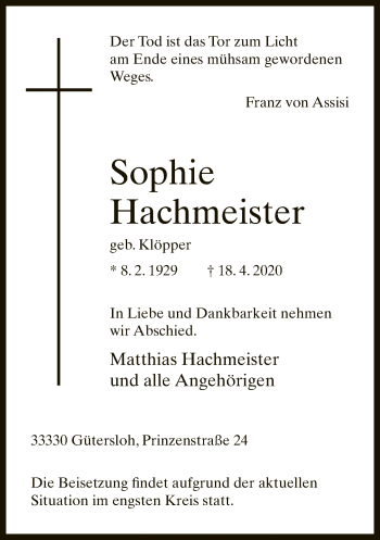 Traueranzeige von Sophie Hachmeister von Neue Westfälische