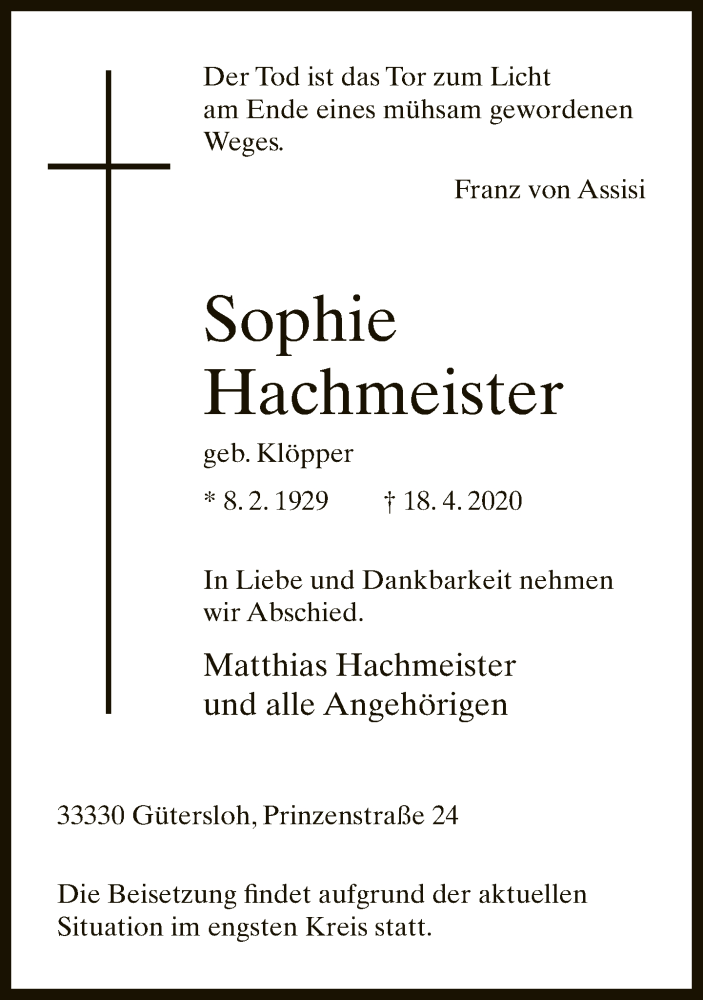  Traueranzeige für Sophie Hachmeister vom 22.04.2020 aus Neue Westfälische