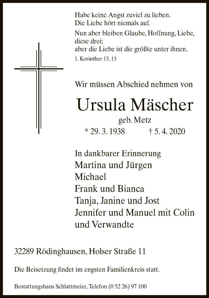  Traueranzeige für Ursula Mäscher vom 09.04.2020 aus Neue Westfälische