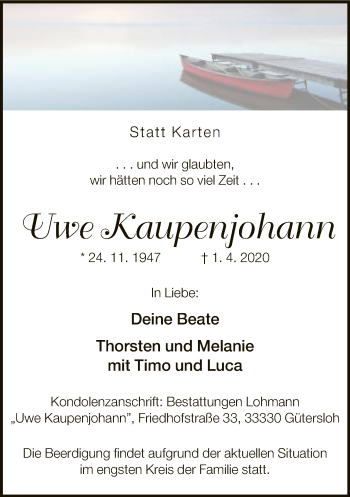 Traueranzeige von Uwe Kaupenjohann von Neue Westfälische