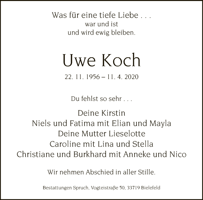  Traueranzeige für Uwe Koch vom 15.04.2020 aus Neue Westfälische
