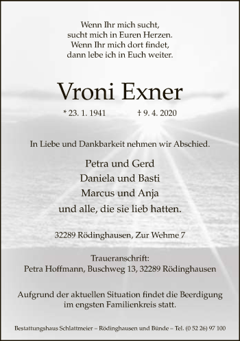 Traueranzeige von Vroni Exner von Neue Westfälische