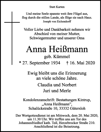 Traueranzeige von Anna Heißmann von Neue Westfälische