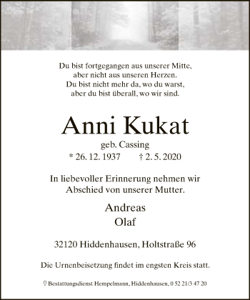 Traueranzeige von Anni Kukat von Neue Westfälische