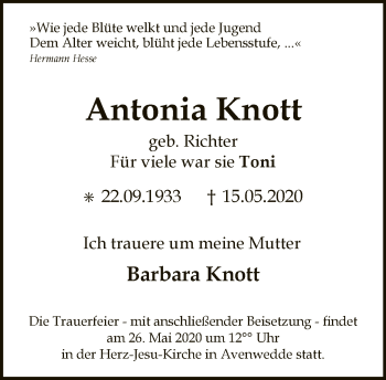 Traueranzeige von Antonia Knott von Neue Westfälische