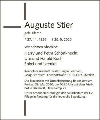 Traueranzeige von Auguste Stier von Neue Westfälische