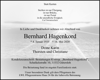 Traueranzeige von Bernhard Hagenkord von Neue Westfälische