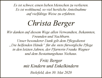 Traueranzeige von Christa Berger von Neue Westfälische