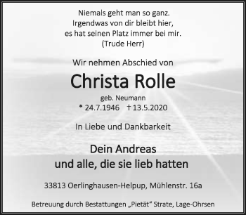 Traueranzeige von Christa Rolle von Neue Westfälische