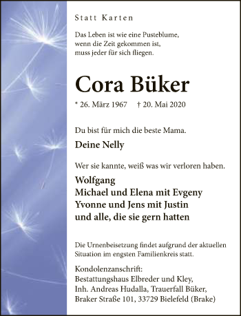Traueranzeige von Cora Büker von Neue Westfälische