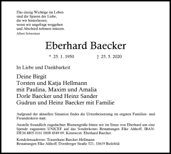 Traueranzeige von Eberhard Baecker von Neue Westfälische