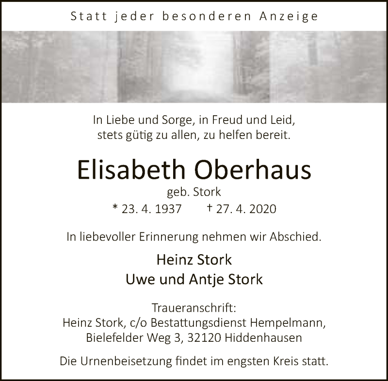  Traueranzeige für Elisabeth Oberhaus vom 01.05.2020 aus Neue Westfälische