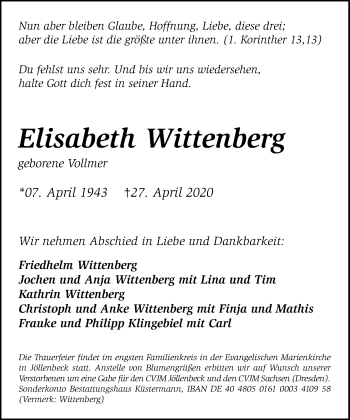 Traueranzeige von Elisabeth Wittenberg von Neue Westfälische