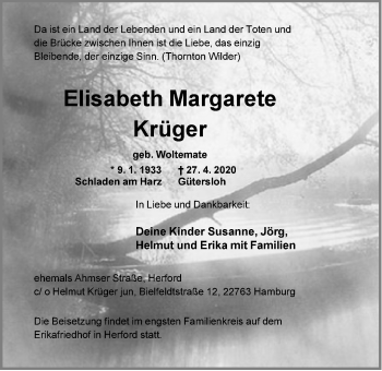 Traueranzeige von Elisabeth Margarete Krüger von Neue Westfälische